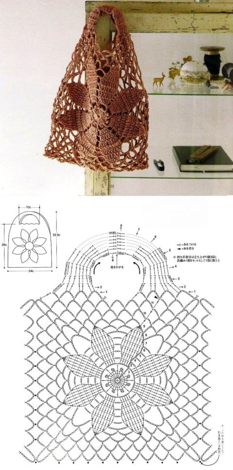 Сумка - авоська с цветком, связана крючком