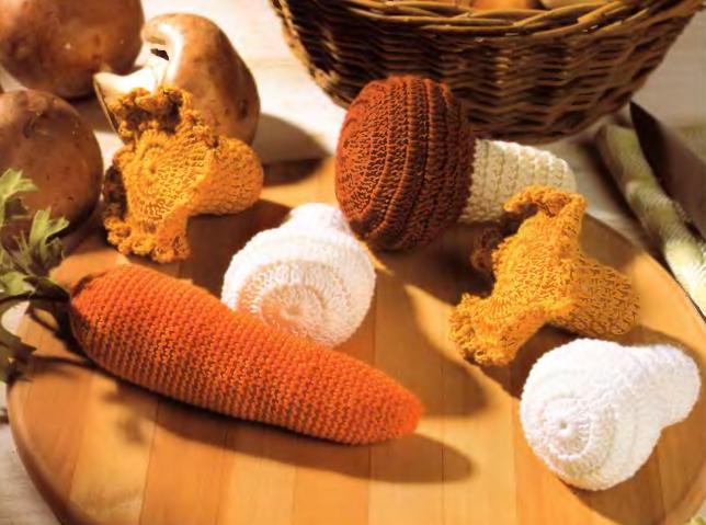 Вязанные крючком игрушки: гриб, морковь и апельсин
